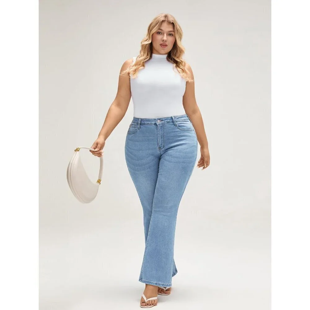 Women Flared Jeans Mid-High Waist Y2K 90s Denim Pants Casual Trendy